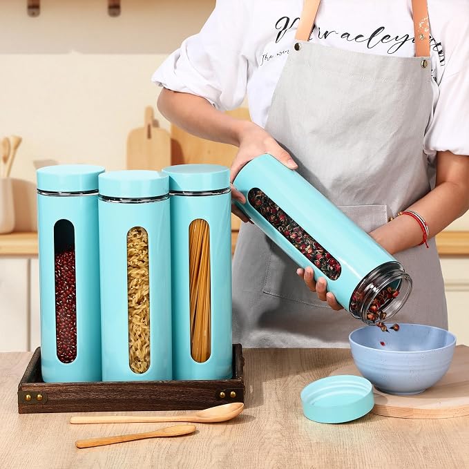 Patelai 6 Pack Kitchen Canisters Set Airtight Stainless Steel Canister Food Storage Container with Window Glass, Coffee Sugar Candy Jars Tea Organizer for Flour Cookies Spice(Turquoise,60 oz) - Image 4