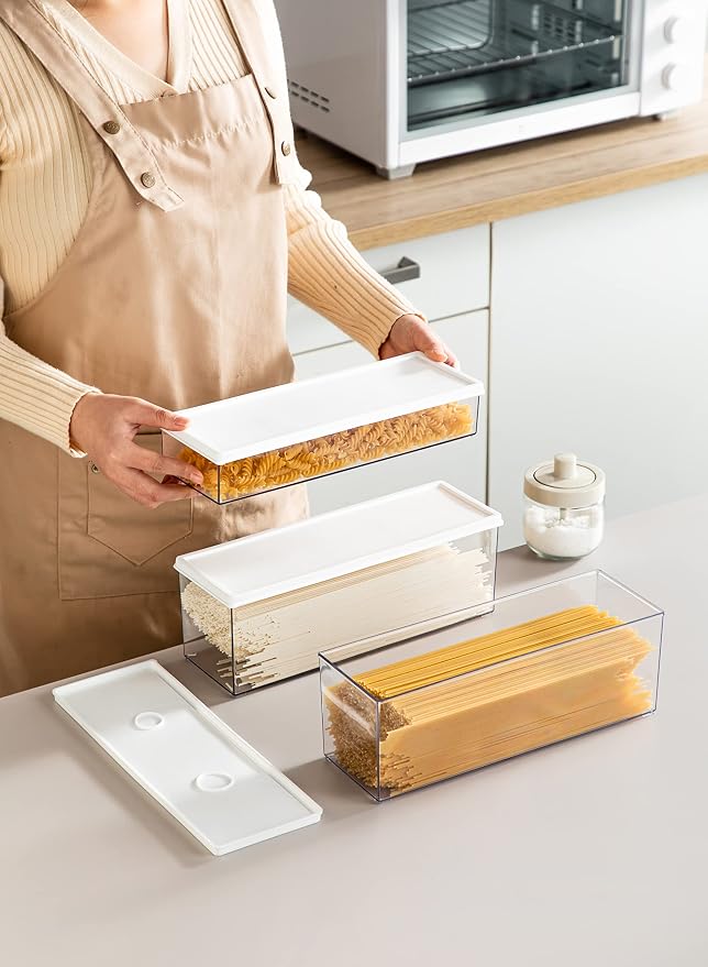 Hanobe Large Airtight Pasta Storage Containers, BPA-Free, 2.4L, 2-Pack | Stackable rectangular design, fits spaghetti, lasagna, noodles, clear grey plastic, for kitchen pantry and fridge - Image 2
