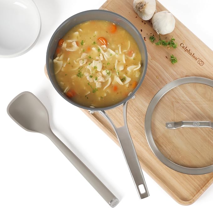 Calphalon Edge 6-Piece Stainless Steel and Silicone Kitchen Tool Set, Kitchen Utensil Set, Scraper, Skimmer, Spoon, Ladle, Turner, Pasta Server, Heat Resistant Nonstick Safe Cooking Utensils (Taupe) - Image 2