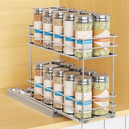Mystozer Pull Out Spice Rack Organizer for Cabinet, Slide Out Spice Racks, Easy to Install, 4.33" Wx10.43 Dx8.66 H, 1 Drawer 2 Tiers(Silver) by Mystozer