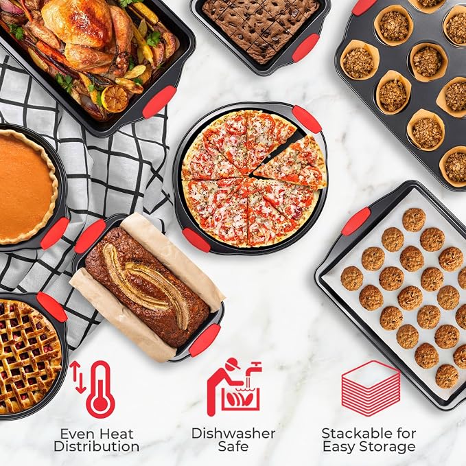 Non-Stick 8-Piece Baking Pan Set, BPA-Free Carbon Steel Bakeware Set with Silicone Handles, Stackable Kitchen Oven Set, Cookie Sheet, Baking Tray, Baking Sheet Set, Oven Safe (446°F) - Image 4