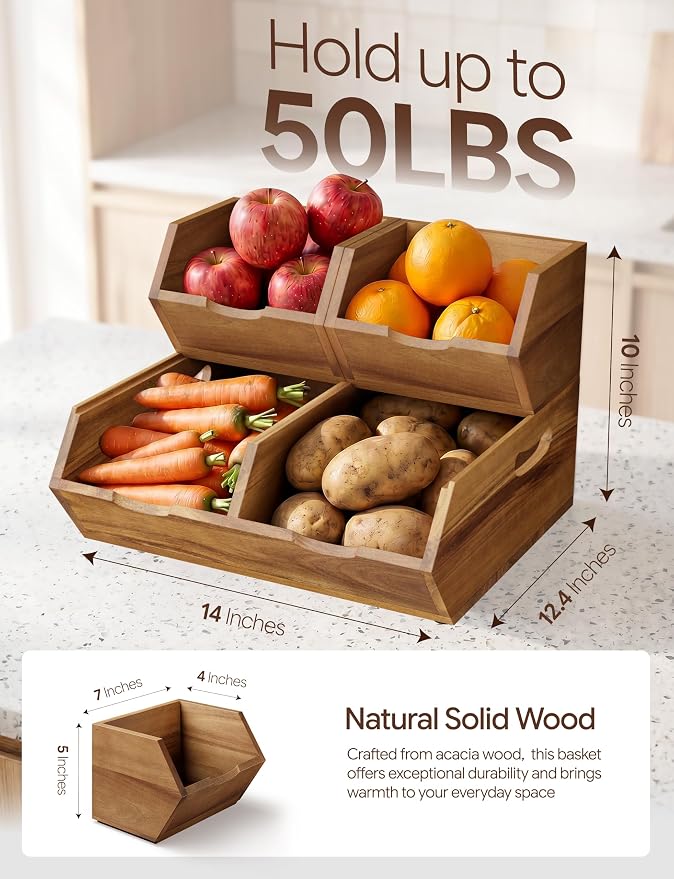 TIDITA Set 3 Wood Potato and Onion Storage Bin, Stackable Product Basket | Acacia Wood, Built-in Handles, Ventilated Pantry Storage Bins, 50LBS Capacity, Non-skid Pad, Slatted Bottoms, Multi-Use - Image 2