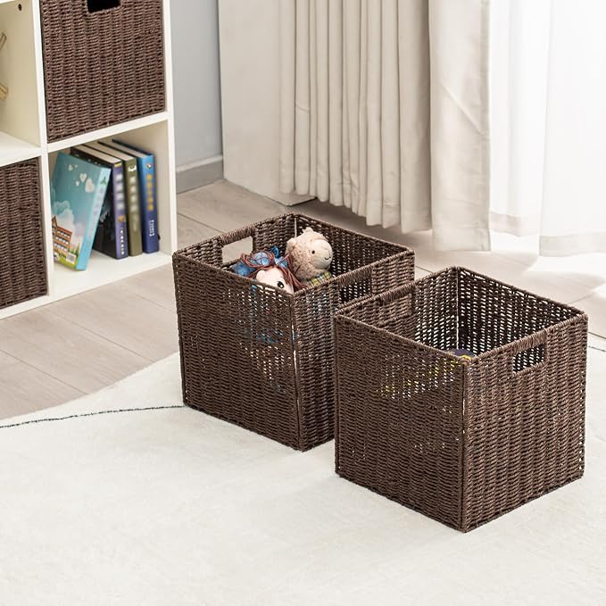 Handwoven Paper Woven Cube Basket Organizer with Handles set of 4 Foldable Storage baskets for Bedroom Living Room Cubby Storage Units for Clothes Books Toys (Brown, 13" L x 13" W x 13" H) - Image 6