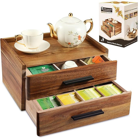 Acacia Wood Tea Bag Organizer with Gift Box, Double-Drawer Tea Box - Tea Accessories for Tea Organizer and Storage Box, Tea Station Chest Caddy for Countertop Cabinet Office(21-Compartment) by NewEle