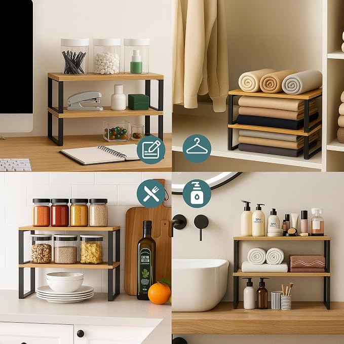 Sben Cabinet Organizer Shelf, Set of 2 Kitchen Counter Shelves, Kitchen Storage, Spice Rack, Stackable, Expandable, Metal and Engineered Wood, Ink Black and Natural Beige - Image 7