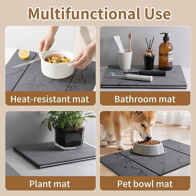 Stone Drying Mat for Kitchen Counter,Foldable (Gray (3-fold), 24" × 16") | Large Quick-Dry Diatomaceous Earth Dish Drying Mat with PU Non-Slip Base,for Bottles Cups Dishes - Image 5