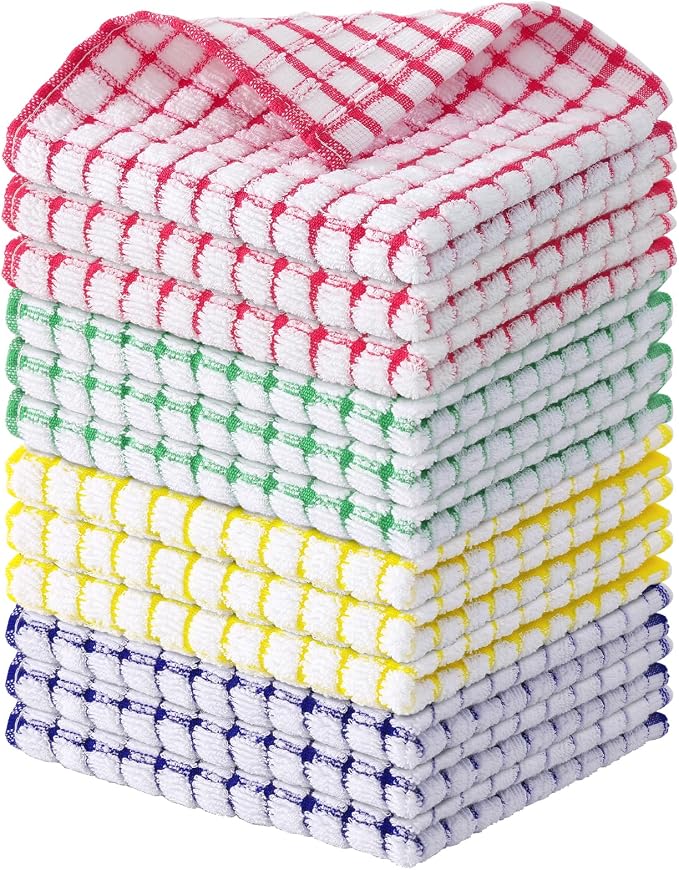 Kitinjoy Cotton 12 Pack Terry Kitchen Dish Cloths, Mixed Color | 12 x 12 Inches Super Soft and Absorbent Dish Rags, Quick Drying Dish towels for Washing Dishes by Kitinjoy