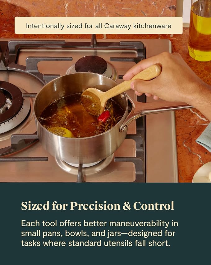 Caraway 4-Piece Mini Wooden Kitchen Utensils Set for Cooking | Serving, and Plating, Spoon, Scraper, Spatula, and Tongs - Image 6
