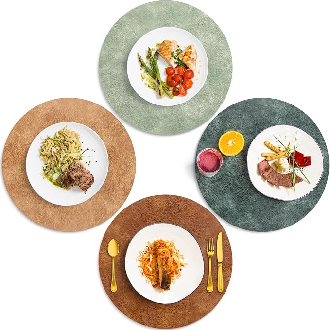ADRIMER Placemats, Heat Resistant Round Placemats Set of 4 Washable, Waterproof Table Mats, Wipeable Faux Leather Place Mats for Kitchen, Dining Room, Turmeric Brown+Light Brown+Green+Blue by Adrimersdreamistobeanindispensablecompanioninyourlife