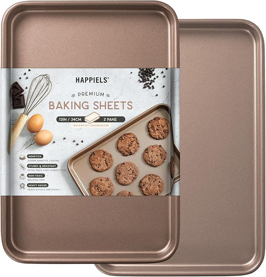 9 x 13 inch Nonstick Quarter Sheet Pan 2-Pack, PFOA & BPA Free | | Non-Toxic - High Carbon Steel - Gold - Cookie Baking Sheets for Oven by HAPPIELS