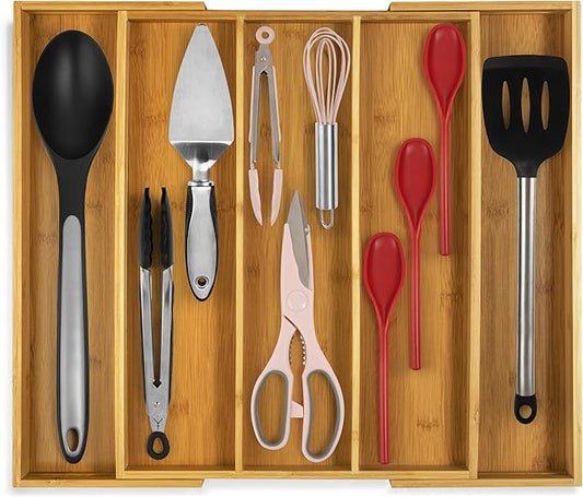 Purawood Kitchen Drawer Organizer - Expandable Utensil Drawer Organizer for Kitchen, Cutlery Tray & Silverware Organizer, 3-5 Slots - Bamboo Organizer for Utensils & Flatware (Natural) by PURAWOOD