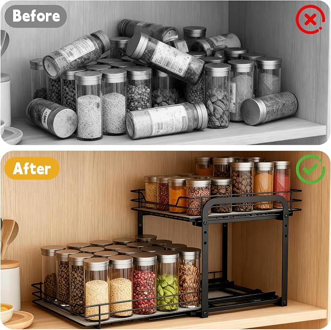 Extendable Spice Rack, 2 Levels, Spice Racks, Cabinet Organiser, Kitchen, Kitchen Cabinet Organiser, Extendable, Spice Rack, Height Adjustable, Standing Worktop Spice Rack for Kitchen Cabinets - Image 6