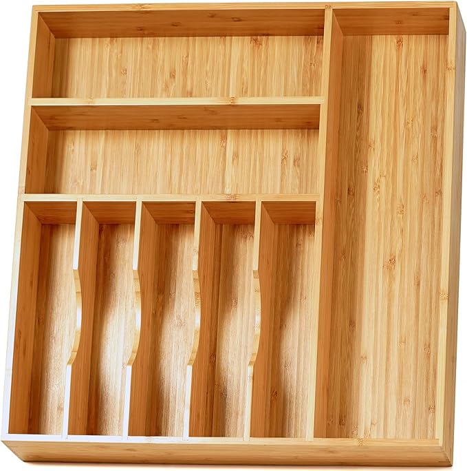 Large Kitchen Drawer Organizer, 19"x20" Silverware Utensils Organizer, 2.5" High for Large Deep Drawers, Bamboo Flatware Holder with Thick Frames, Sturdy Kitchen Organization Tray by Umilife