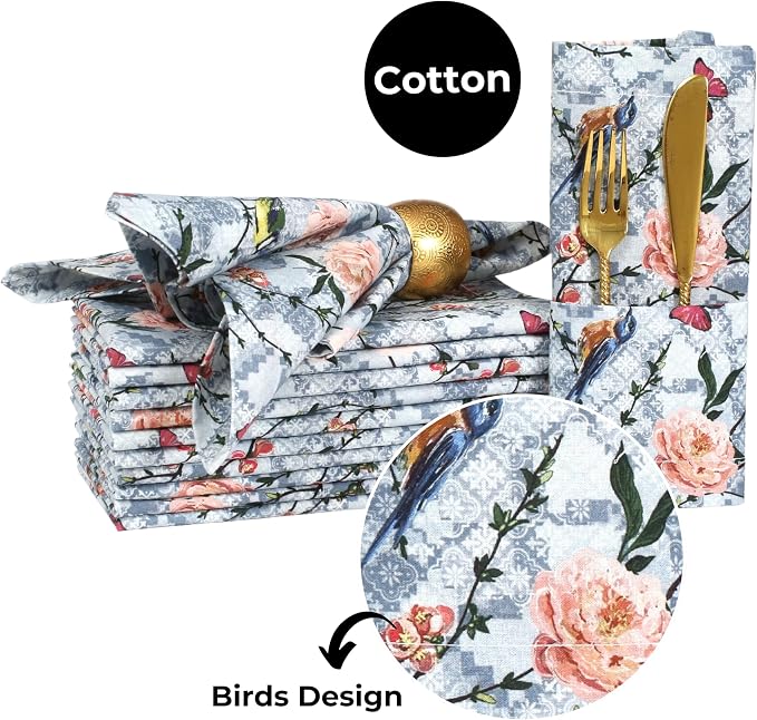 Bedding Craft Cotton Cloth Dinner Napkins Set of 12 – 18x18 Birds Print Design with 1" Fold – Reusable Machine Washable Fabric Napkins for Parties, Dining & Everyday Use - Image 2
