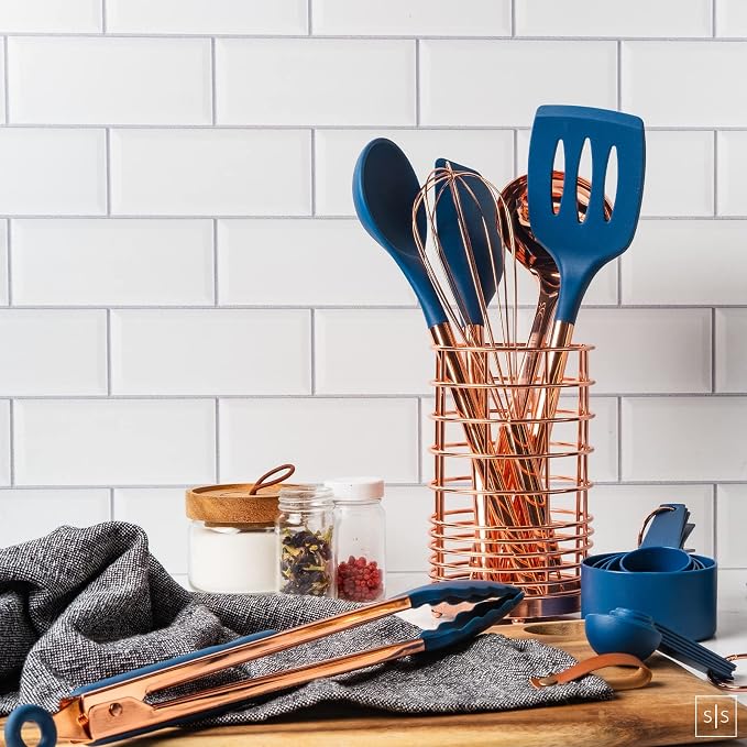 Styled Settings Copper and Blue Silicone Cooking Utensils Set, 17-Piece | Utensils Set with Copper Utensil Holder and Measuring Cups and Spoons for Stylish Cooking and Baking - Image 5