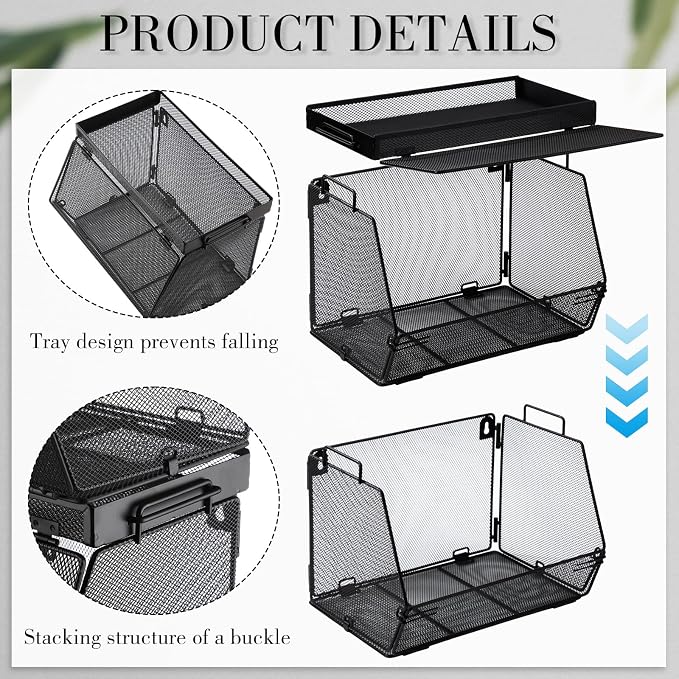 Teenyyou 2 Pcs Stackable Mesh Fruit Basket with Lid Wall Produce Vegetable Storage Basket Onion Potato Hanging Metal Wire Container for Kitchen Counter Pantry(Removable,Black,7.1" w & 11.8" l) - Image 4