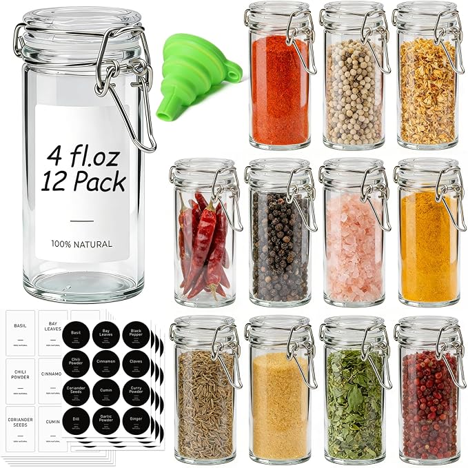 ComSaf Small Glass Spice Jars with Airtight Lids 4 oz 12 Pack with Labels | Seasoning herbs powders, Salt pepper chili, Spice rack cabinet organization, Small size, Funnel included, DIY crafts gifts by ComSaf