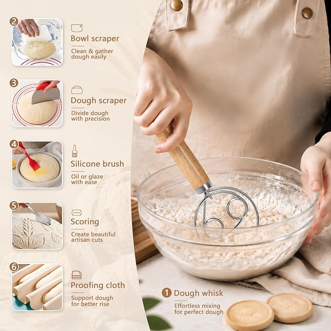 PeacePeo Sourdough Starter Kit 27Pcs with Round and Oval Banneton Basket | Handwoven Rattan Baskets with Linen Liners Scoring Tools and Dough Accessories for Beginners, Home Bakers Making Bread - Image 6