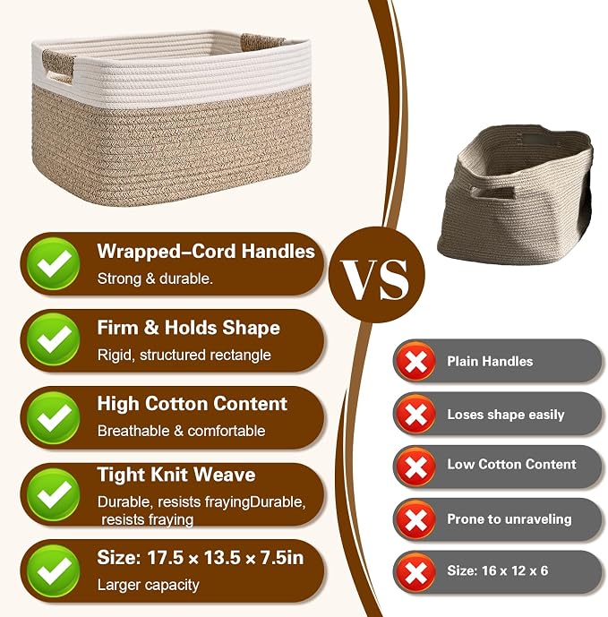 3 Pack Large Storage Basket for Organizing, 17.5"x13"x7" Woven Basket for Shelves, Closet Cube Storage Bins with Wrapped Handle, Cotton Rope Baskets for Kitchen, Clothes, Toys(Off White & Brown) - Image 7