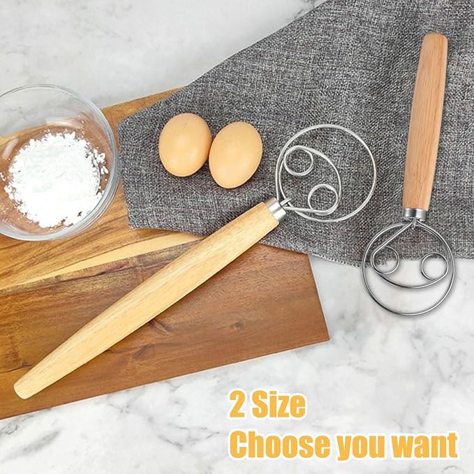 Danish Whisk 2 Pieces Danish Dough Whisk (33 cm & 24 cm) Stainless Steel Wire with Comfortable Wooden Handle Dutch Whisk for Making Cakes Cooking and Baking Sweets - Image 6