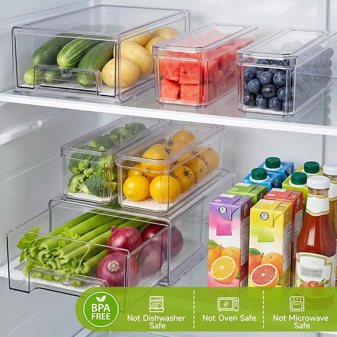 6Pack Fridge Organizers and Storage with Drain Trays,BPA-Free PET,Stackable | 2 Pull-Out Organizers & 4 Containers with Drain Trays For Fruit, Vegetable, Drink, Snack Food Storage - Image 3