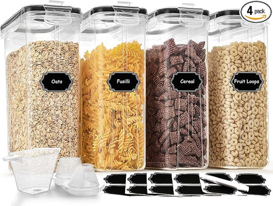 Cereal Containers Storage Set (4L / 135.2oz), 4PCS Airtight Food Storage Containers with Lids, Cereal Dispensers for Kitchen Pantry Organization and Storage with Pour Spout, 20 Labels, Marker by HKJ+Chef