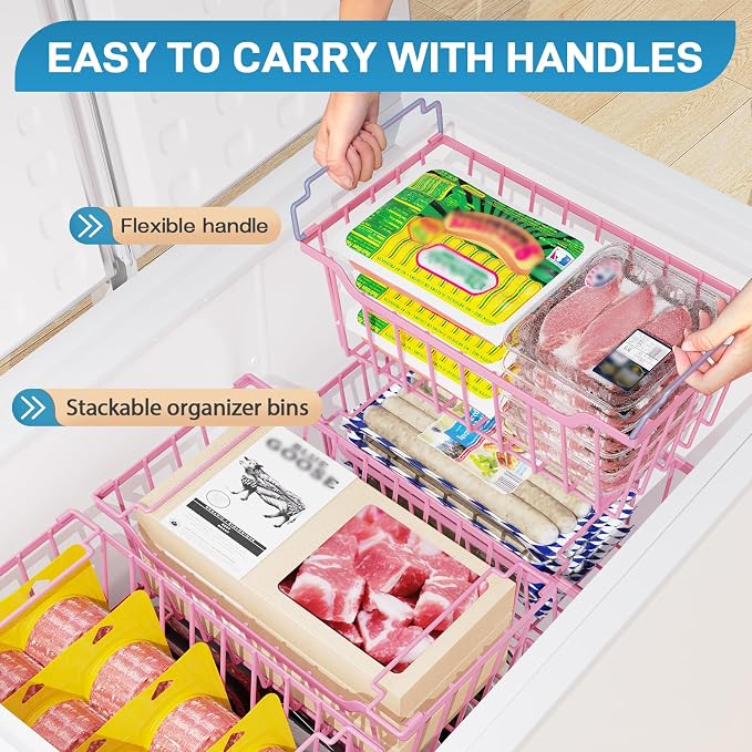 SUNALLY Freezer Organizer Bins, 8 Pack Stackable Pantry Storage Bins, Pink | Chest Freezer Organizer for 5-7 Cu.FT Deep Freezer to Sort Frozen Meats & Food, Wire Baskets for Pantry Organizers & Storage - Image 4