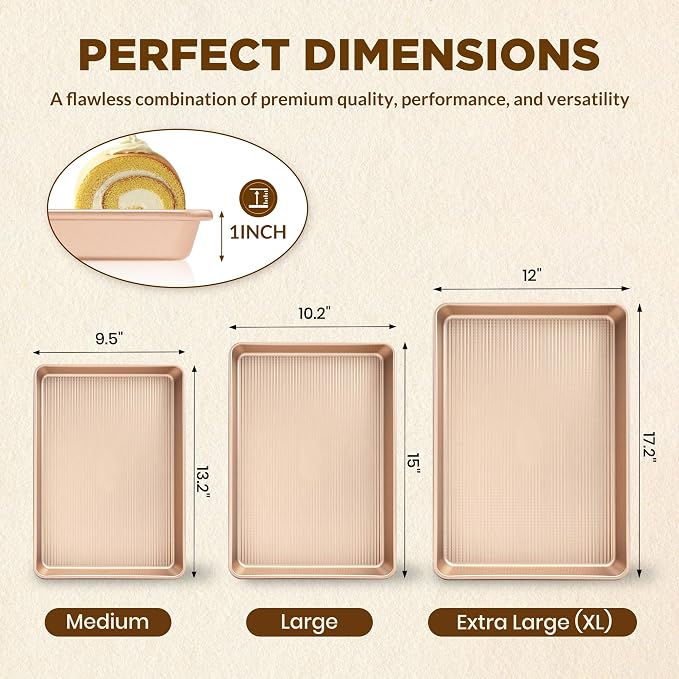 Saker 3-Piece Heavy Duty Carbon Steel Baking Sheets Set,Non-Stick Cookie | | Oven Safe, Even Heating, for Baking, Roasting, Cooking – Professional Grade (Champagne Gold) - Image 2