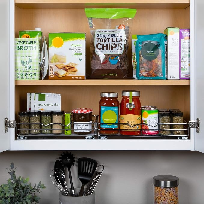 Pull-Out Cabinet Spice Rack Organizer, 14 ⅜"W x 10 ⅜"D x 2 ¾"H | Slim Slide-Out Storage for Spices, Bottles & Jars, Premium Heavy-Duty Steel, Easy Install for Narrow Kitchen Cabinets, Chrome - Image 4