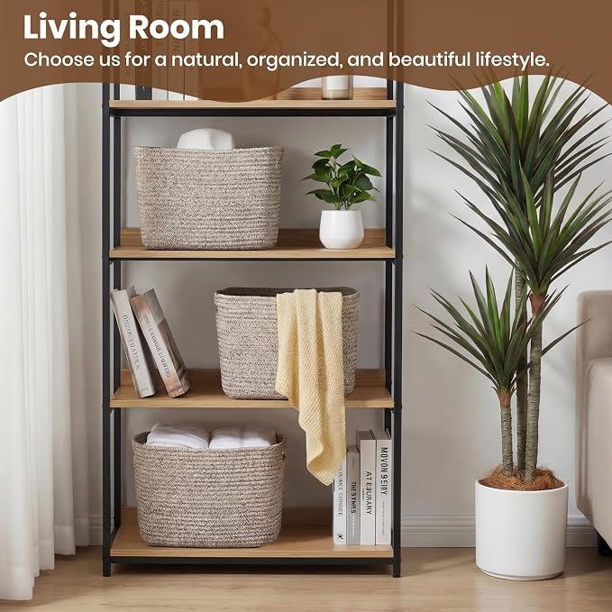 Storage Baskets for Organizing, 14 x 10 x 9” Closet Shelf Woven Baskets, Square Bins with Handles, Cotton Rope Basket for Clothes, Office, Room, Brown 4 Pack - Image 3