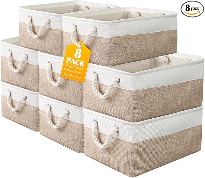meekoo 8 Pack Collapsible Storage Bins Fabric Storage Bins Polyester Fabric Baskets with Handles Linen Closet Organizer for Shelf Home Closet Towels Toys(15 x 11 x 9.5 in,Beige) by meekoo