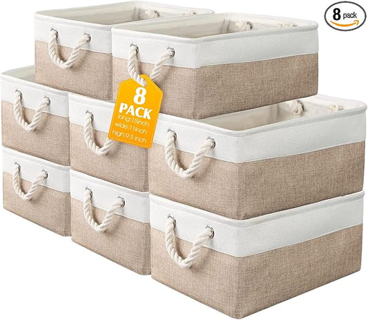 meekoo 8 Pack Collapsible Storage Bins Fabric Storage Bins Polyester Fabric Baskets with Handles Linen Closet Organizer for Shelf Home Closet Towels Toys(15 x 11 x 9.5 in,Beige) by meekoo