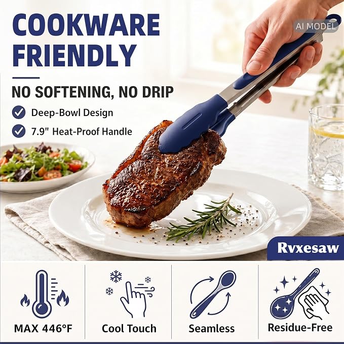 Kitchen Utensils Set,9 PCS Silicone Cooking Utensils Set Spatula Set,Tongs,Spoon,Whisk,Brush,Dishwasher Safe Kitchen Gadgets for Non-Stick Cookware,Home Essential，Kitchen Appliances(Navy Blue) - Image 6
