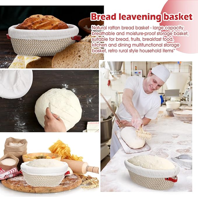 Gejoy 6 Set Cotton Rope Banneton Bread Proofing Basket with Cloth Liner and Plastic Scraper Banneton Dough Sourdough Proofing Bowls Kit for Home Sourdough Bakers (Round, Oval, 9'', 10'') - Image 6