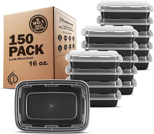 Freshware Meal Prep Containers 1 Compartment Food Storage Containers with Lids, Bento Box, BPA Free, Stackable, (16 oz), 150 count (Pack of 1) by Freshware