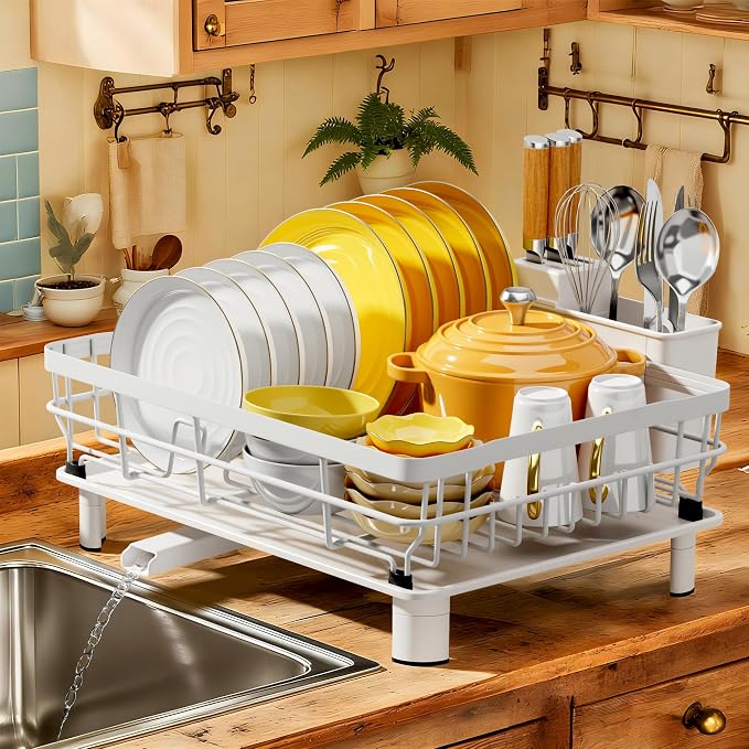 MOUKABAL Dish Drying Rack with Drainboard for Kitchen Counter, White | 13×17 Large Capacity/Rustproof Stainless Steel/Fast Drainage Dish Drainer/Removable Utensil Holder/Kitchen Counter Organizer by MOUKABALGREATHELPER