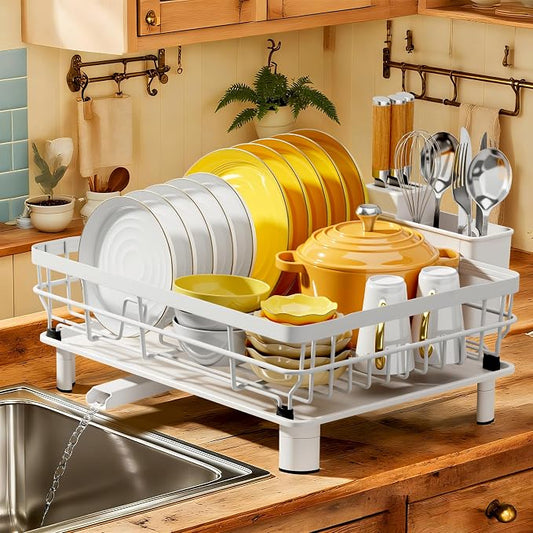 MOUKABAL Dish Drying Rack with Drainboard for Kitchen Counter, White | 13×17 Large Capacity/Rustproof Stainless Steel/Fast Drainage Dish Drainer/Removable Utensil Holder/Kitchen Counter Organizer by MOUKABALGREATHELPER