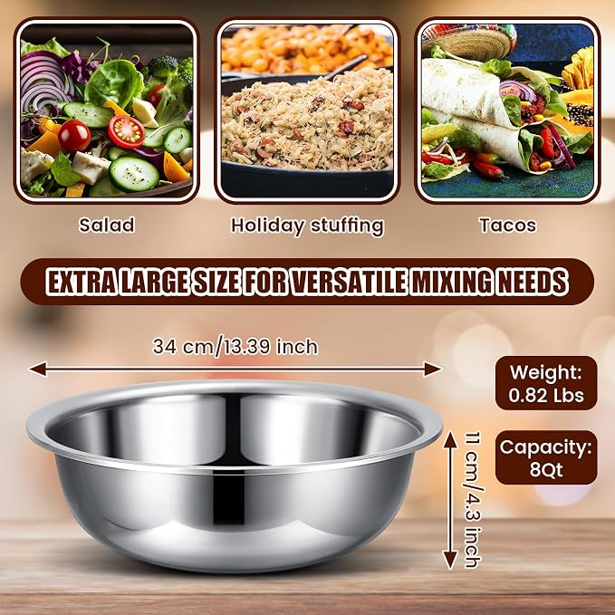 Nuogo 4 Pcs Stainless Steel Mixing Bowls Metal Mixing Bowls Extra Large Basin Salad Basin Deeper Edge Dishwasher Safe Mirror Finish for Home and Commercial, Silver (13 Inch 8 Qt) - Image 2