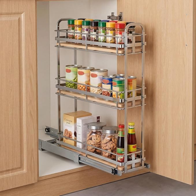 VEVOR Pull Out Spice Rack Organizer for Cabinet, 3 Tier Slide Out Spice Rack Organizer, Height Adjustable Heavy Duty Metal Seasoning Kitchen Basket for Cabinets, 5.75" W x 20.98" D x 21.34" H, Silver - Image 8