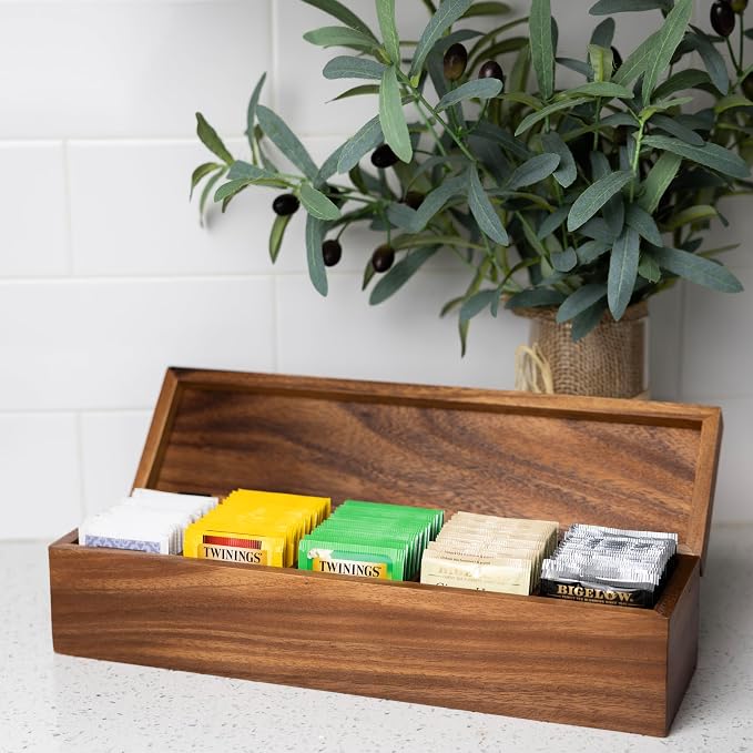 Ironwood Gourmet Large 5 Compartment Tea Box, Acacia Wood Tea Bag Organizer With Lid | Store & Display Tea Bag Collections | Beautiful Acacia Wood Tea Storage Box With Lid | Great For Jewelry and Arts & Crafts - Image 2