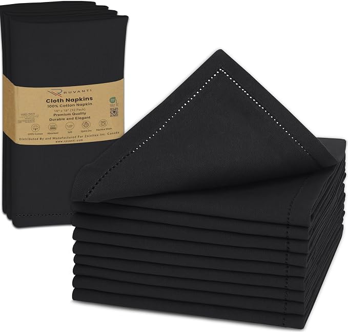 Ruvanti Cloth Napkins Set of 12, 100% Cotton High GSM 18x18 Inches, Hem Stitched Corners, Soft, Washable, Durable & Absorbent, Perfect for Parties, Christmas, Thanksgiving Dinners – Black Beauty by Ruvanti