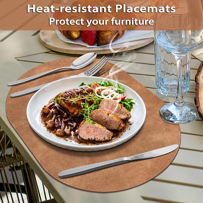 ADRIMER Placemats, Heat Resistant Oval Placemats Set of 12 Washable 12 x 17 Inch, Waterproof Table Mats, Wipeable Pu Place Mats for Kitchen, Dining Room, Sandy Light Brown - Image 2