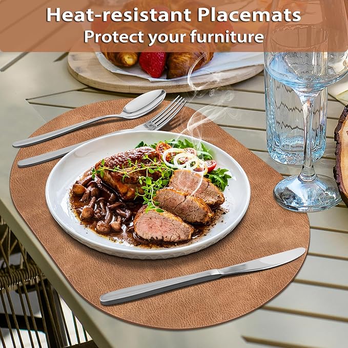 ADRIMER Placemats, Heat Resistant Oval Placemats Set of 6 Washable 12 x 17 Inch, Waterproof Table Mats, Wipeable Pu Place Mats for Kitchen, Dining Room, Sandy Light Brown - Image 2