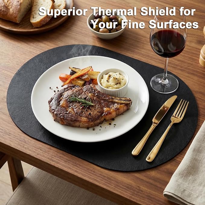 Placemats, Oval Placemats 2mm Ultra Thick Faux Leather Table Mats, Heat Resistant Waterproof Wipeable Dining Mats for Kitchen Table, Set of 4, Black - Image 2