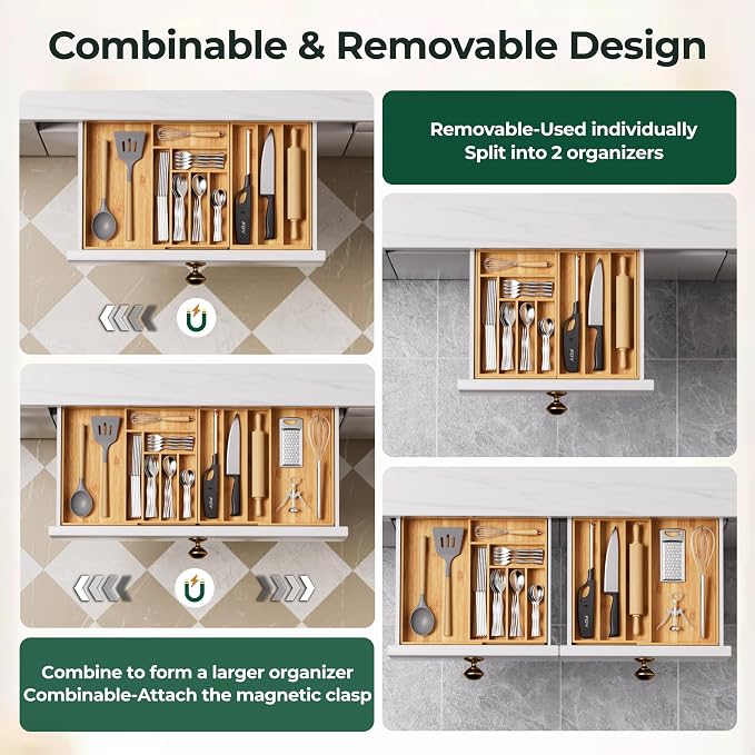 Large Silverware Organizer, 11 Slots Magnetic Connected Expandable Acacia Wood Utensil Drawer Organizer From 21 to 37.4 Inches, Adjustable Flatware and Cutlery Holder, Utensil Tray for Kitchen - Image 5
