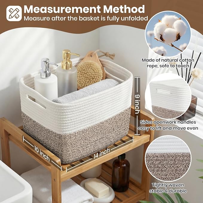 Storage Baskets for Organizing, 14 x 10 x 9” Closet Shelf Woven Baskets, Square Bins with Handles, Cotton Rope Basket for Clothes, Office, Room, White+Dark brown 1 Pack - Image 2