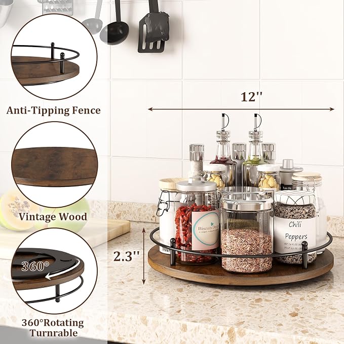 12" Lazy Susan Turntable Organizer,Round Wooden Lazy Susan Organization and Rotating Spice Rack for Dining Table,Pantry,Kitchen Countertop,Vanity,Cupboard and More.Vintage Wood(Round) - Image 3