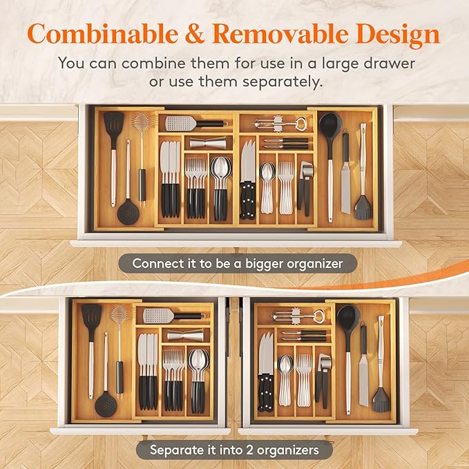 Lifewit Large Silverware Drawer Organizer, Bamboo Utensil Tray for Kitchen | Expandable 21.4 to 36 Inches Wide, Adjustable Flatware and Cutlery Holder for Spoons Forks Knives, 13 Compartments, Natural - Image 4