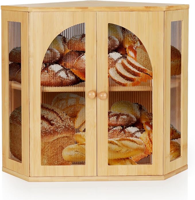 Corner Bread Box for Kitchen Countertop,Double Layer Bread Holder | 3 Adjustable Height, Large Capacity, Magnetic Acrylic Door, Bamboo Bread Storage Container for Homemade Bread, Natural - Image 8