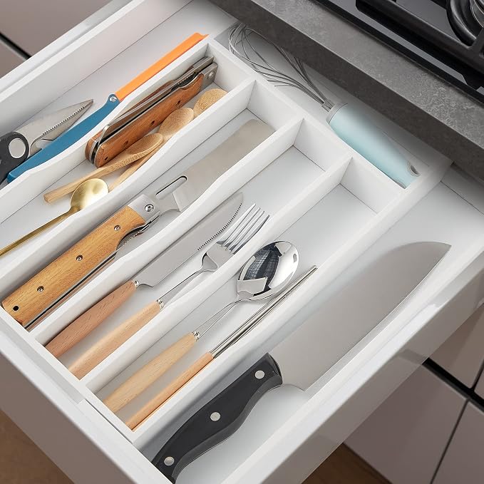 Expandable Bamboo Kitchen Drawer Organizer for Cutlery and Utensils, Adjustable Bamboo Wood Cutlery Tray in Drawer for Flatware and Silverware in Kitchen, (White) - Image 4